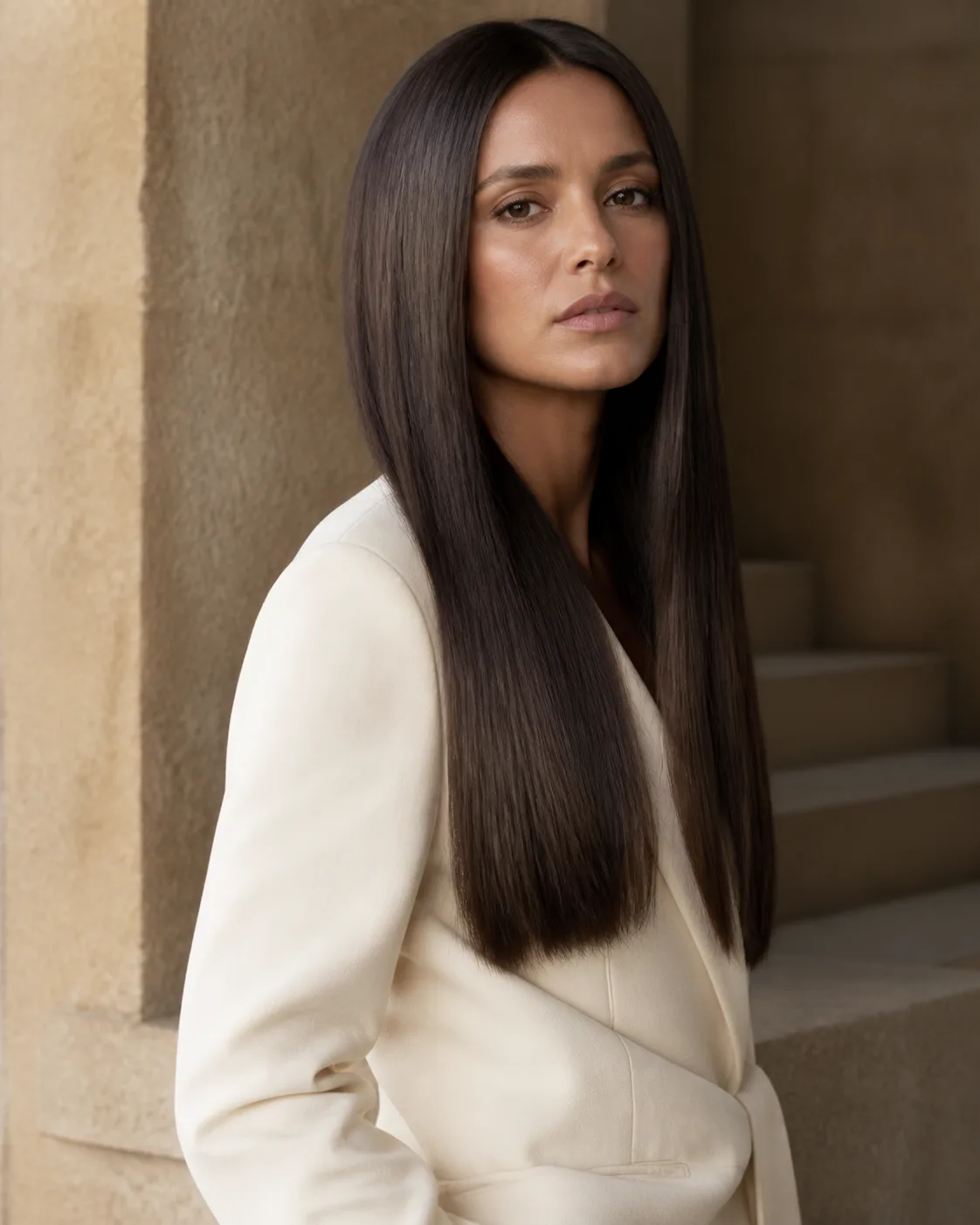 Sleek long haircut shown in natural editorial light