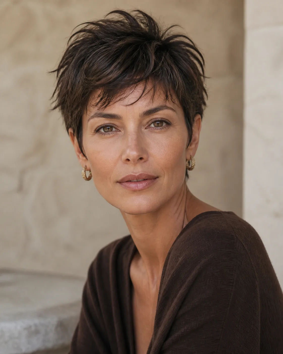 Textured pixie haircut shown in natural editorial light